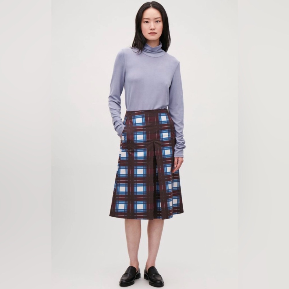 COS Checked A-line Skirt Plaid Blue and Brown Size 4 Small